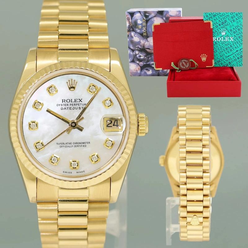 PEARL DIAMOND Rolex 68278 Yellow Gold 31mm Midsize Lady President Watch: Watch Details Brand: Rolex Model: DateJust Reference: 68278 Serial: 9.3 Condition: Mint In-Stock - SKU: H8675a Paperwork & Accessories Box: Yes, this item includes the Original Rolex Box. Papers: