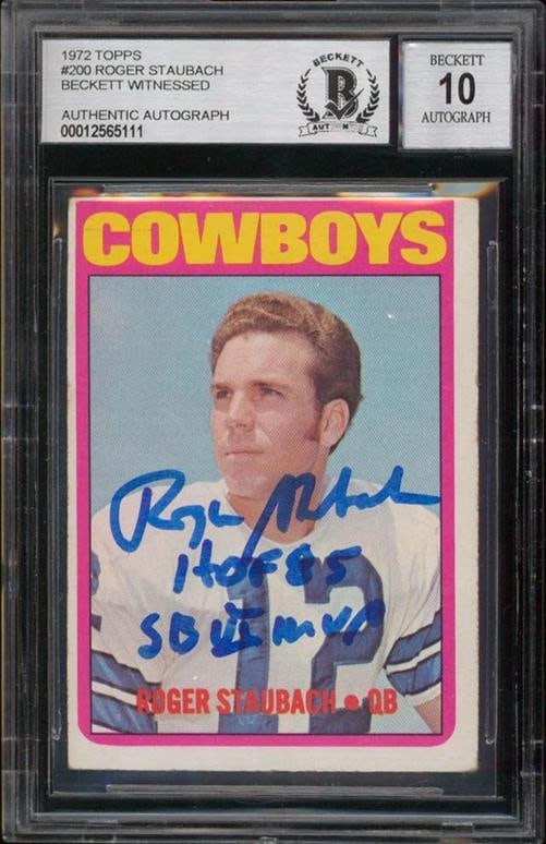 Roger Staubach 2x Insc Signed 1972 Topps #200 RC Card Auto Graded 10! BAS Slab: Sport: Football-NFL,Product: Box, Box & Case Breaks, Case, Coin, etopps (In-hand), Lot, Pack,,Original/Reprint: Original,Player: Roger Staubach,Autograph Authentication: Beckett,Team: Dallas