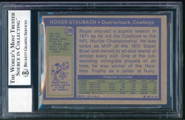 Roger Staubach 2x Insc Signed 1972 Topps #200 RC Card Auto Graded 10! BAS Slab - 2