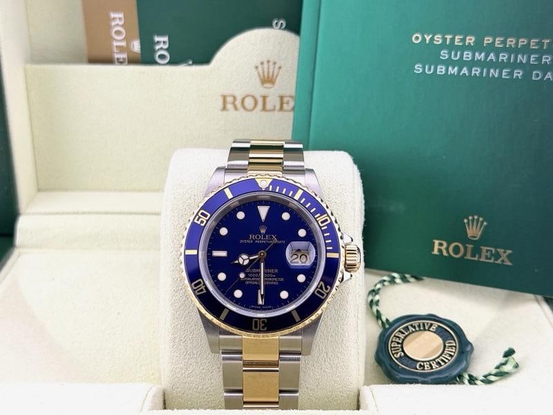 2007 Rolex Submariner Date Blue 16613 40mm Blue Dial 18k Gold Steel Box - 12