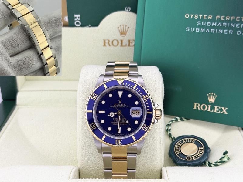 2007 Rolex Submariner Date Blue 16613 40mm Blue Dial 18k Gold Steel Box: Style Number: 16613 Serial: Z44**** Year: 2007 Model: Rolex Submariner Date Case Material: Stainless Steel Band: 18k Yellow Gold & Stainless Steel Bezel: Blue Dial: Blue Crystal: Sapphire Case Size: 4
