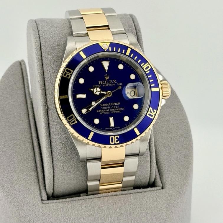 2007 Rolex Submariner Date Blue 16613 40mm Blue Dial 18k Gold Steel Box - 3