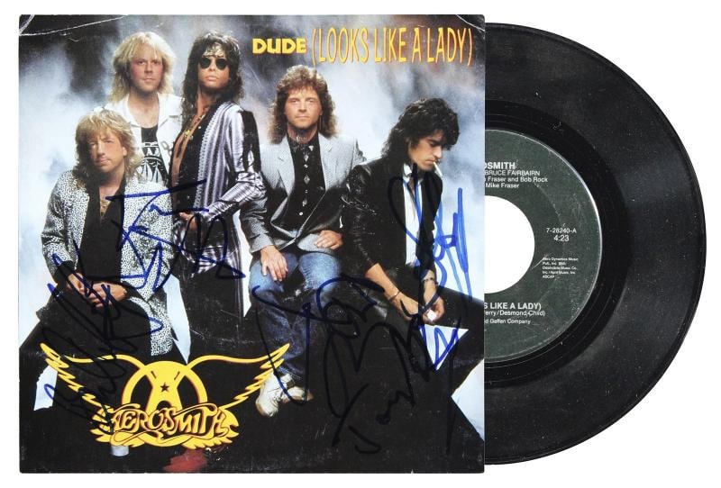 Aerosmith (5) Tyler, Perry, Hamilton +2 Signed 45 RPM Album Cover W/ Vinyl BAS (1 of 5)