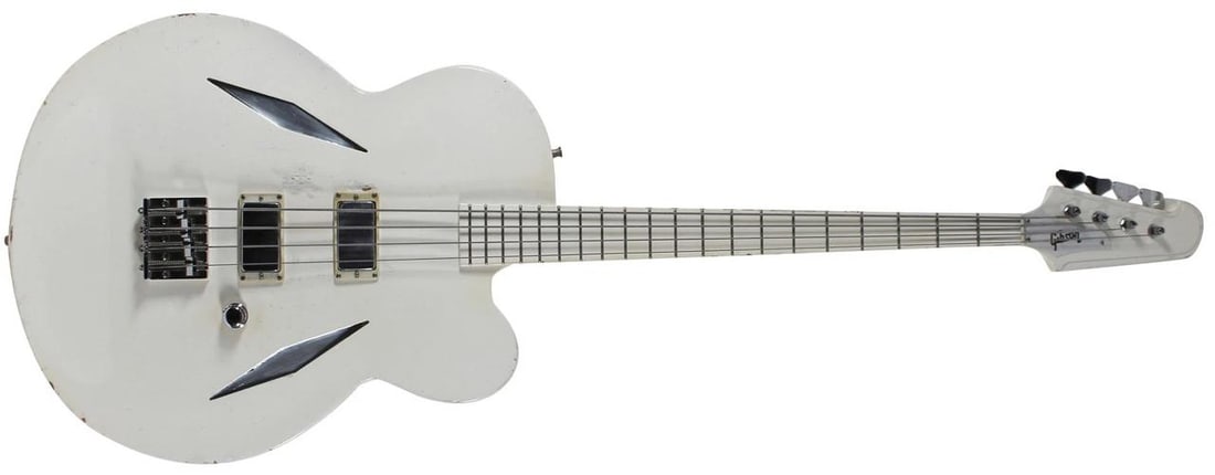 Dusty Hill ZZ Top 1990's Stage/Tour Used Bolin Archtop Crazy Cowboy Bass Guitar: Circa 1990 Bolin archtop bass, serial number 92590, with giant Switchmaster style neck-thru body and Firebird reverse headstock, in all white finish with silver Trini Lopez style diamond insets on
