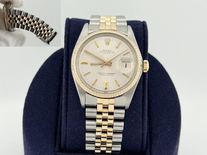 Rolex Date 1500 34mm Silver Dial 18k Yellow Gold Stainless Steel Jubilee: Style Number: 1500 Serial: 363**** Year: 1974 Model: Rolex Date Case Material: Stainless Steel Band: 18k Yellow Gold & Stainless Steel Bezel: 18k Yellow Gold Fluted Dial: Silver Crystal: Acrylic Case
