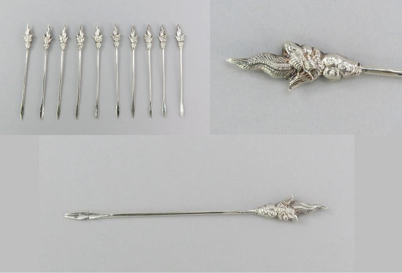 c1930s Vietnamese 900 Silver 10 Food Picks w/ Stand Dragons Design - 10