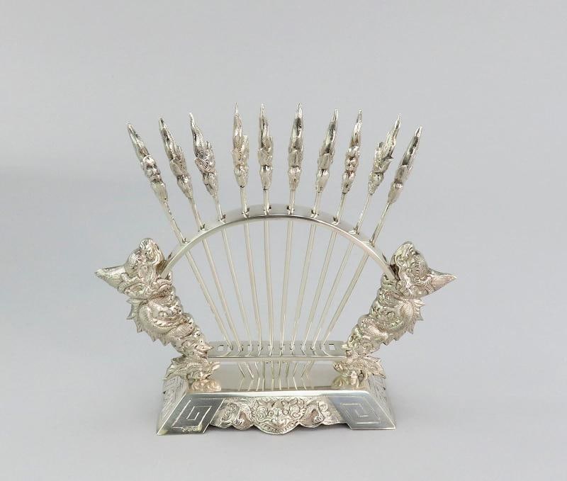 c1930s Vietnamese 900 Silver 10 Food Picks w/ Stand Dragons Design (1 of 10)