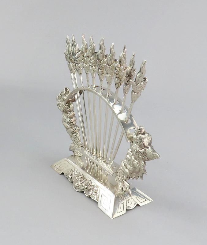c1930s Vietnamese 900 Silver 10 Food Picks w/ Stand Dragons Design - 5