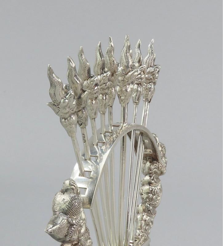 c1930s Vietnamese 900 Silver 10 Food Picks w/ Stand Dragons Design - 9