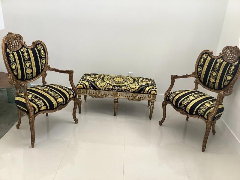 Set Of2 Antique French Style Chairs With Gianni Versace Black Gold Velvet U - 10