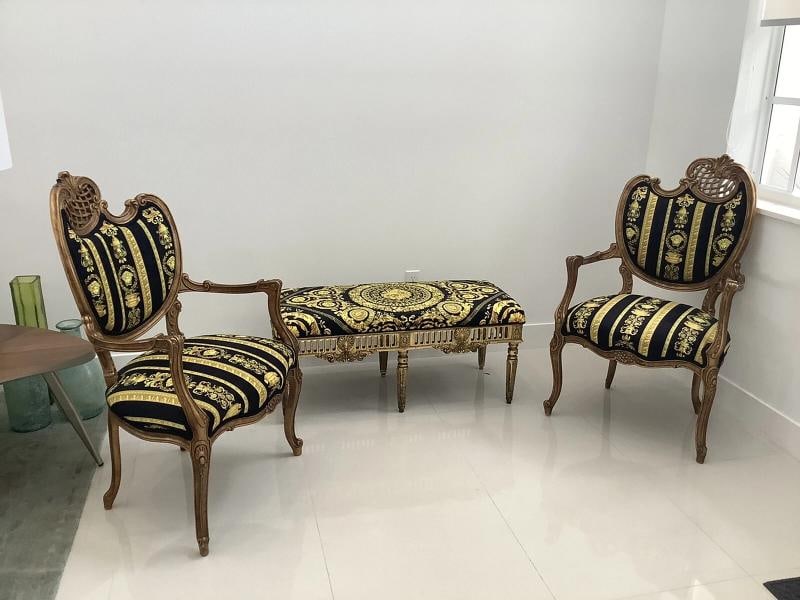 Set Of2 Antique French Style Chairs With Gianni Versace Black Gold Velvet U - 12
