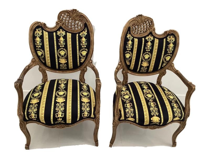 Set Of2 Antique French Style Chairs With Gianni Versace Black Gold Velvet U (1 of 12)