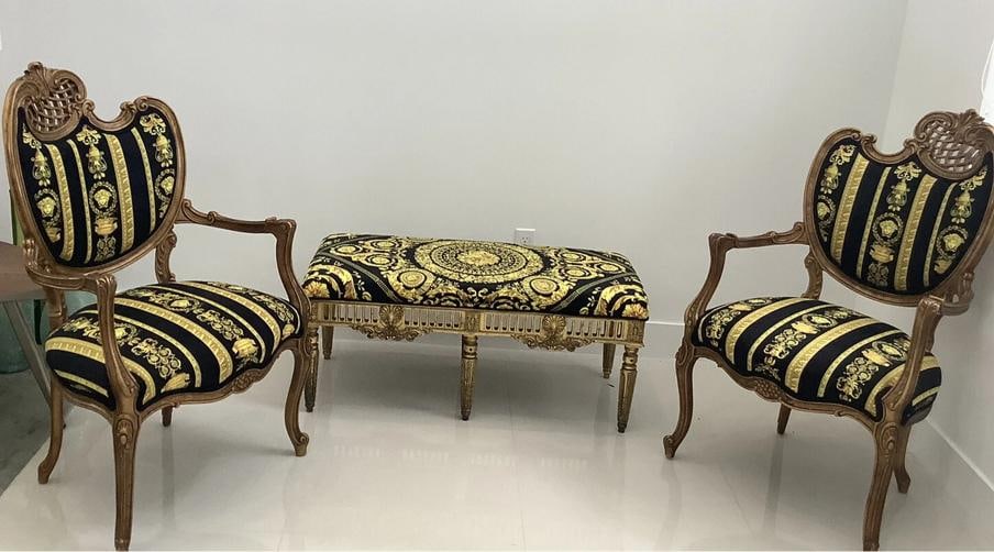 Set Of2 Antique French Style Chairs With Gianni Versace Black Gold Velvet U - 2