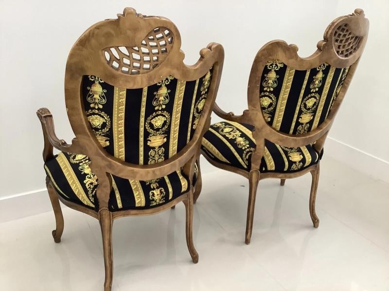 Set Of2 Antique French Style Chairs With Gianni Versace Black Gold Velvet U - 4