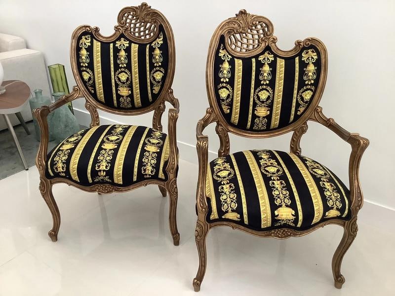 Set Of2 Antique French Style Chairs With Gianni Versace Black Gold Velvet U - 5
