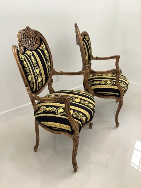 Set Of2 Antique French Style Chairs With Gianni Versace Black Gold Velvet U - 6