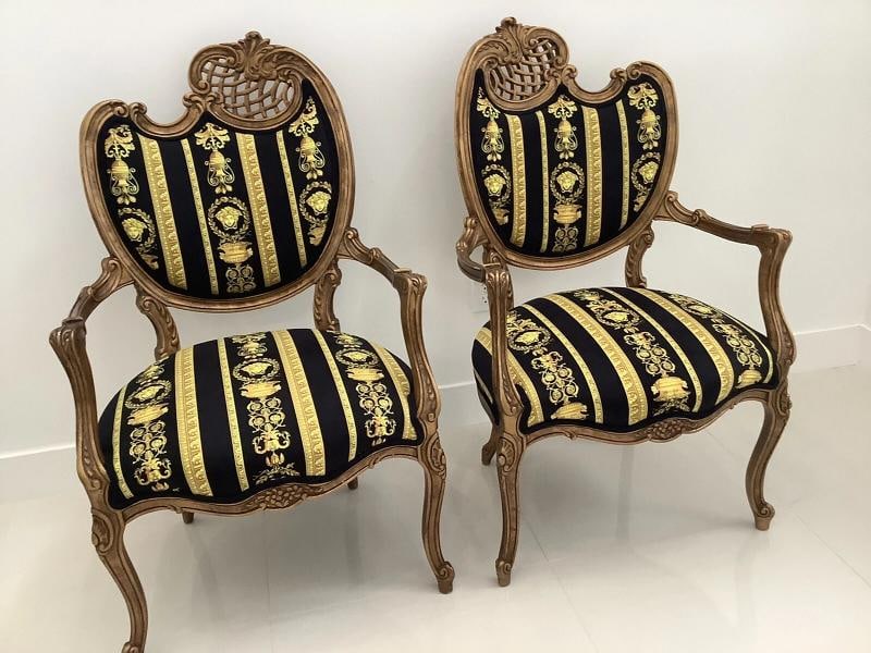 Set Of2 Antique French Style Chairs With Gianni Versace Black Gold Velvet U - 7