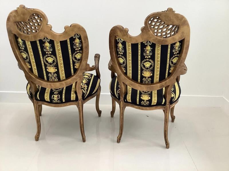 Set Of2 Antique French Style Chairs With Gianni Versace Black Gold Velvet U - 8