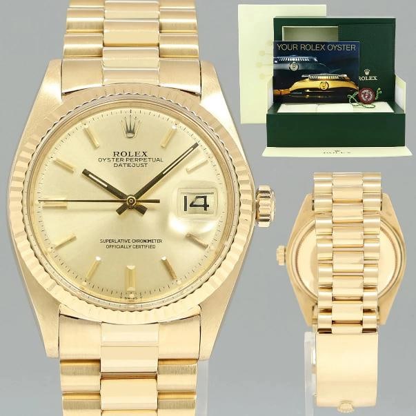 Rolex DateJust 36mm 1601 Yellow Gold President Champagne Pie Pan Stick Watch Box: Case & Dial Case Material: Rolex Yellow Gold Case Size: 36mm Bezel: Rolex Fluted Yellow Gold Crystal: Rolex Acrylic Dial: Rolex Champagne Pie Pan Movement & Bracelet Movement: Rolex Automatic