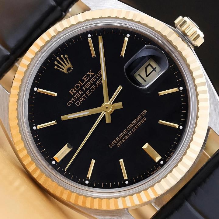 ROLEX MENS DATEJUST 16013 BLACK DIAL 18K GOLD STEEL BLACK LEATHER BAND WATCH: Condition Pre-owned - Excellent Seller Notes Ã¢â‚¬Å“This stunning Rolex watch is guaranteed to be genuine and in mint condition. It has been carefully ... Read mor
