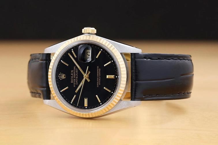 ROLEX MENS DATEJUST 16013 BLACK DIAL 18K GOLD STEEL BLACK LEATHER BAND WATCH - 2