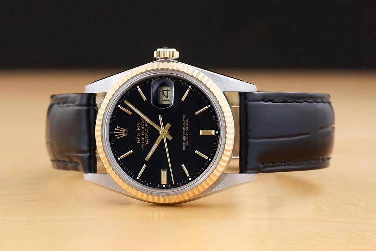 ROLEX MENS DATEJUST 16013 BLACK DIAL 18K GOLD STEEL BLACK LEATHER BAND WATCH - 3