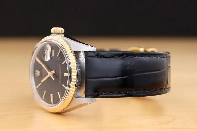 ROLEX MENS DATEJUST 16013 BLACK DIAL 18K GOLD STEEL BLACK LEATHER BAND WATCH - 4