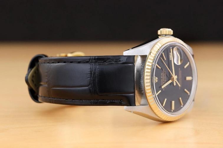 ROLEX MENS DATEJUST 16013 BLACK DIAL 18K GOLD STEEL BLACK LEATHER BAND WATCH - 7