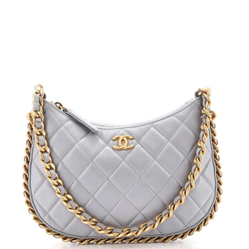 Chanel CC Chain Around Hobo Quilted Lambskin: Measurements: Handle Drop None", Height 5", Width 9", Depth 1.5", Strap Drop None" . Condition: Pre-owned - Excellent,Brand: Chanel,Exterior Material: Leather,Style: Hobos,Exterior Color: Gray,Departm