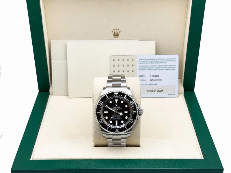 2024 CPO Rolex Sea Dweller Deepsea 116660 44mm Black Dial Steel Box CPO Card: Style Number: 116660 Serial: G56**** Year: 2010 (2024 CPO) Model: Rolex Sea Dweller Deepsea Case Material: Stainless Steel Band: Stainless Steel Bezel: Black Ceramic Dial: Black Crystal: Sapphire