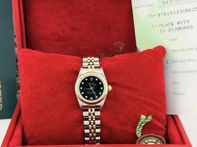 Rolex Ladies Oyster Perpetual 76193 Black Diamond Dial 18k Gold Steel Box Paper - 11