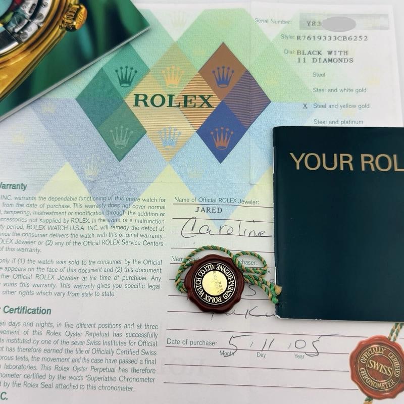 Rolex Ladies Oyster Perpetual 76193 Black Diamond Dial 18k Gold Steel Box Paper - 2