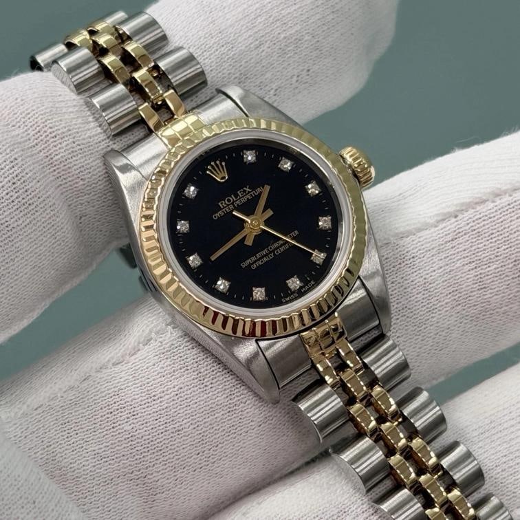 Rolex Ladies Oyster Perpetual 76193 Black Diamond Dial 18k Gold Steel Box Paper - 3