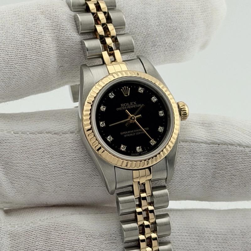 Rolex Ladies Oyster Perpetual 76193 Black Diamond Dial 18k Gold Steel Box Paper - 4