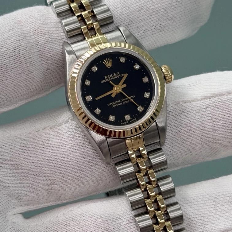 Rolex Ladies Oyster Perpetual 76193 Black Diamond Dial 18k Gold Steel Box Paper - 5