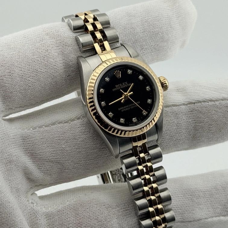 Rolex Ladies Oyster Perpetual 76193 Black Diamond Dial 18k Gold Steel Box Paper - 7