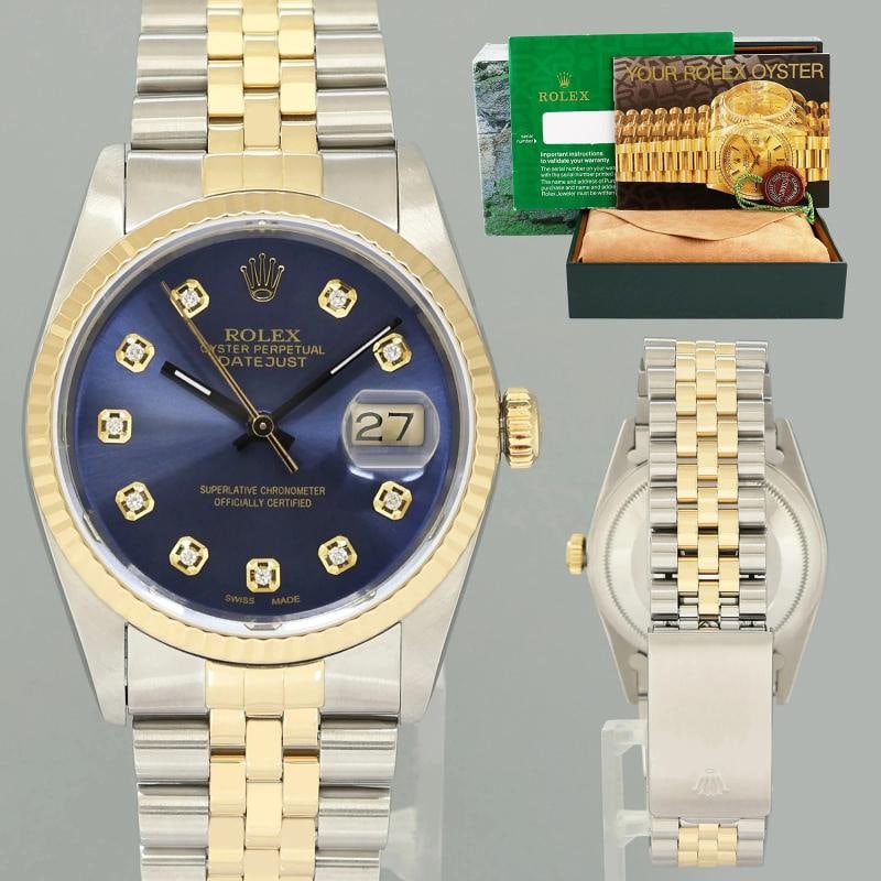 MINT Rolex DateJust 16233 Two Tone Yellow Gold Jubilee Blue Diamond Watch Box: Brand Rolex (Guaranteed Authentic) Model DateJust Reference Number 16233 Serial Number P Metal Two-Tone Yellow Gold / Stainless Steel Case Size 36.00mm Wrist Size This watch will currently comfortably