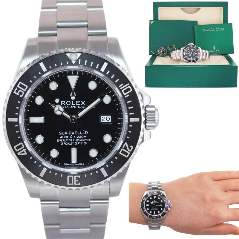2015 MINT Rolex 116600 Seadweller SDK4 4000 Steel Black 40m Ceramic Dive Watch: Case & Dial Case Material: Rolex Stainless Steel Case Size: 40mm Bezel: Rolex Black Ceramic Crystal: Rolex Sapphire Dial: Rolex Black Movement & Bracelet Movement: Rolex Automatic Bracelet Design: