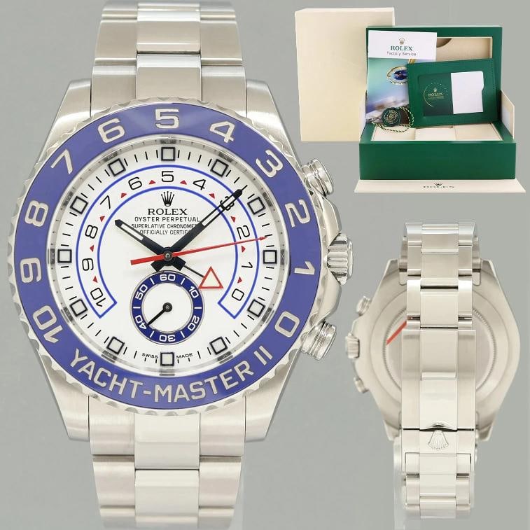 2026 RSC PAPERS Rolex Yacht-Master II Steel White 44mm Blue Ceramic 116680 Watch: Case & Dial Case Material: Rolex Stainless Steel Case Size: 44mm Bezel: Rolex Blue Ceramic and Steel Crystal: Rolex Sapphire Dial: Rolex White Movement & Bracelet Movement: Rolex Automatic Bracelet