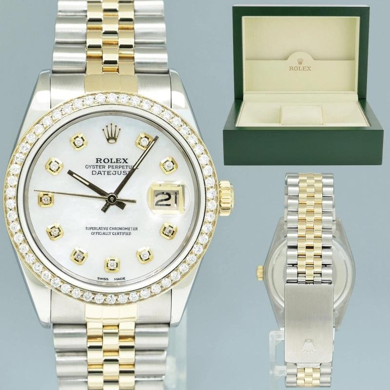 PEARL & DIAMOND BEZEL Rolex DateJust 16233 Two-Tone Yellow Gold Jubilee Watch: Case & Dial Case Material: Rolex Two-Tone Yellow Gold & Stainless Steel Case Size: 36mm Bezel: Custom Natural Round Diamond Crystal: Rolex Sapphire Dial: Custom Diamond Mother of Pearl Movement &