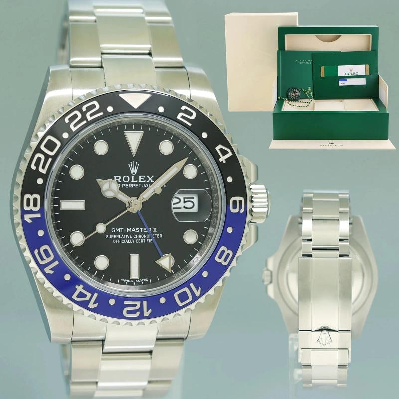 2017 MINT Papers Rolex GMT Master II 116710BLNR Steel Ceramic Batman Blue Watch: Case & Dial Case Material: Rolex Stainless Steel Case Size: 40mm Bezel: Rolex Black and Blue Ceramic Batman Crystal: Rolex Sapphire Dial: Rolex Black Movement & Bracelet Movement: Rolex Automatic