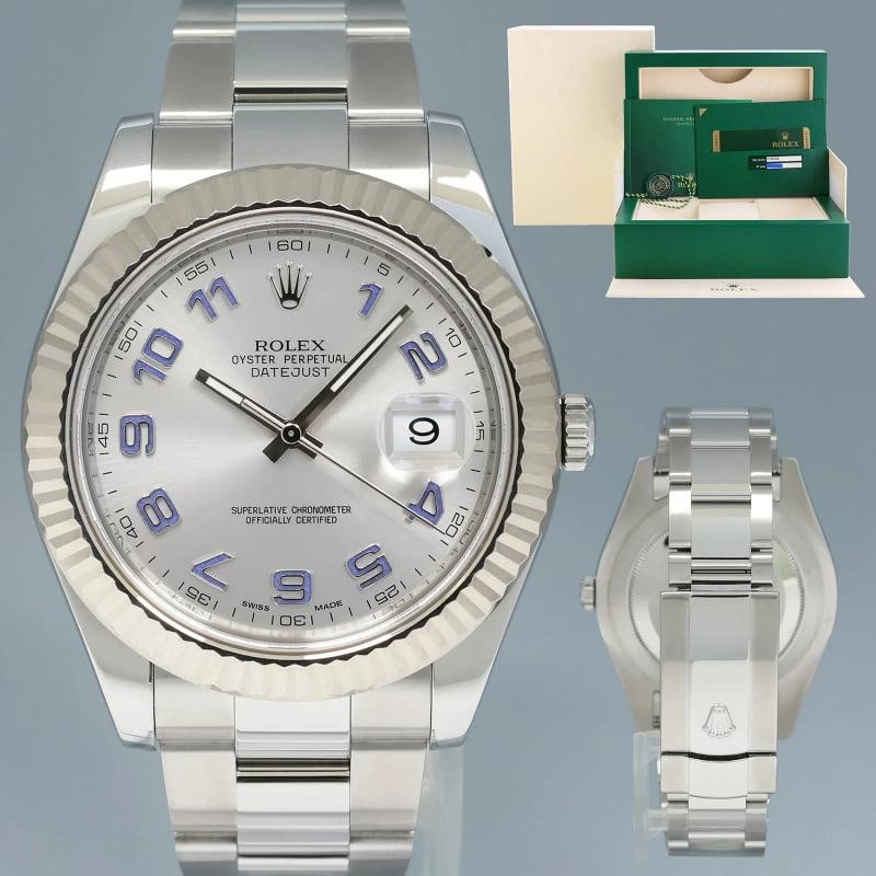 MINT Papers Rolex 116334 Datejust II 41mm Silver Blue Arabic White Gold Fluted: Case & Dial Case Material: Rolex Stainless Steel Case Size: 41mm Bezel: Rolex White Gold Fluted Crystal: Rolex Sapphire Dial: Rolex Blue Arabic Silver Movement & Bracelet Movement: Rolex Automatic