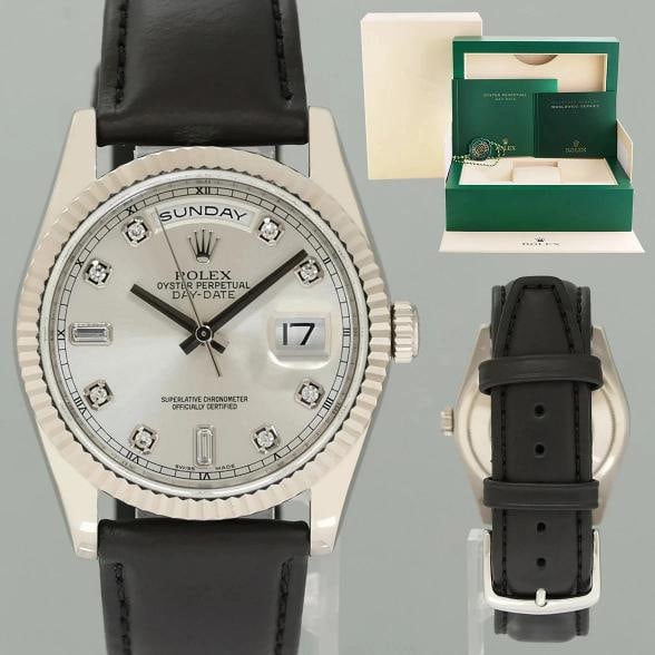2013 MINT Rolex President Day Date 118239 White Gold Silver Diamond Watch Box: Case & Dial Case Material: Rolex White Gold Case Size: 36mm Bezel: Rolex White Gold Crystal: Rolex Sapphire Dial: Rolex Silver Diamond Movement & Bracelet Movement: Rolex Automatic Bracelet Material: 