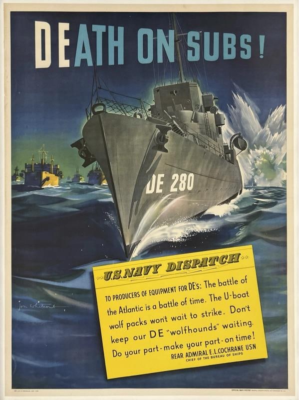 Original Vintage WWII Poster DEATH ON SUBS! U.S. NAVY DISPATCH World War LINEN: Condition: Very Good * (linen backed; poster was folded in the middle horizontally; there is minor edge and corner wear, toning, small losses; this powerful American WWII propaganda poster should