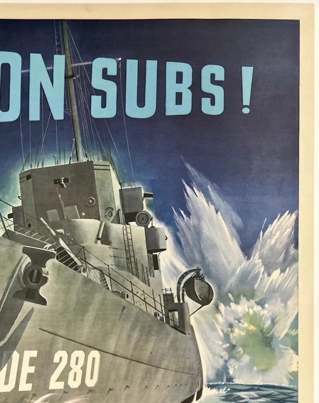 Original Vintage WWII Poster DEATH ON SUBS! U.S. NAVY DISPATCH World War LINEN - 3