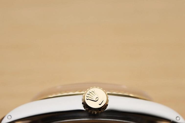 ROLEX DATEJUST 1601 14K YELLOW GOLD STEEL CHAMPAGNE DIAL BLUE LEATHER BAND WATCH - 9