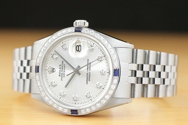 MENS ROLEX DATEJUST 1603 SILVER DIAMOND SAPPHIRE 18K GOLD STAINLESS STEEL WATCH - 2