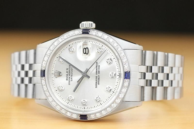 MENS ROLEX DATEJUST 1603 SILVER DIAMOND SAPPHIRE 18K GOLD STAINLESS STEEL WATCH - 3