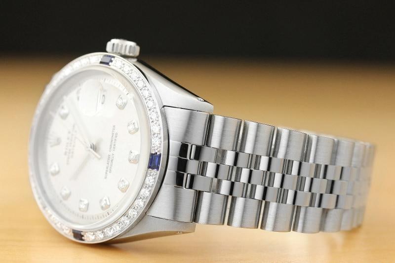 MENS ROLEX DATEJUST 1603 SILVER DIAMOND SAPPHIRE 18K GOLD STAINLESS STEEL WATCH - 4