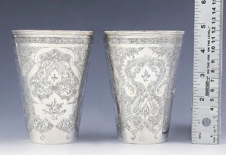 4 Antique c1920 Persian 850-900 Silver Heavy Weight Hand Engraved Beaker Cups - 2